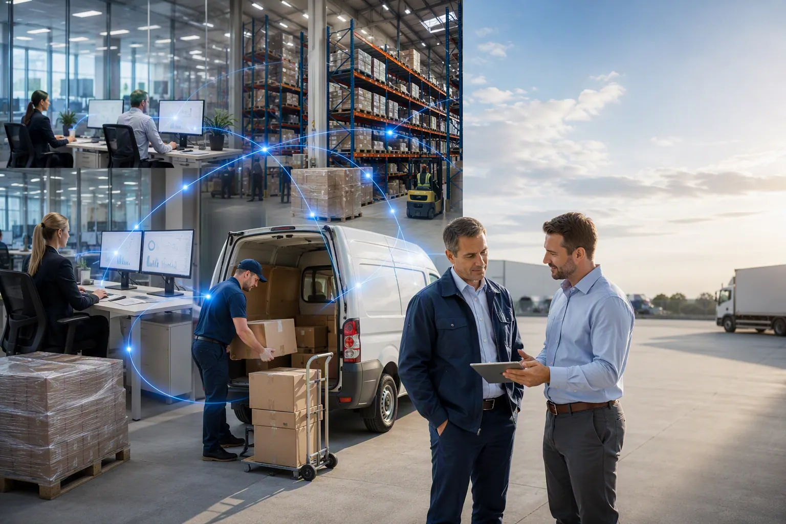 Sales rep reviewing an order with a customer on a tablet at a distribution yard