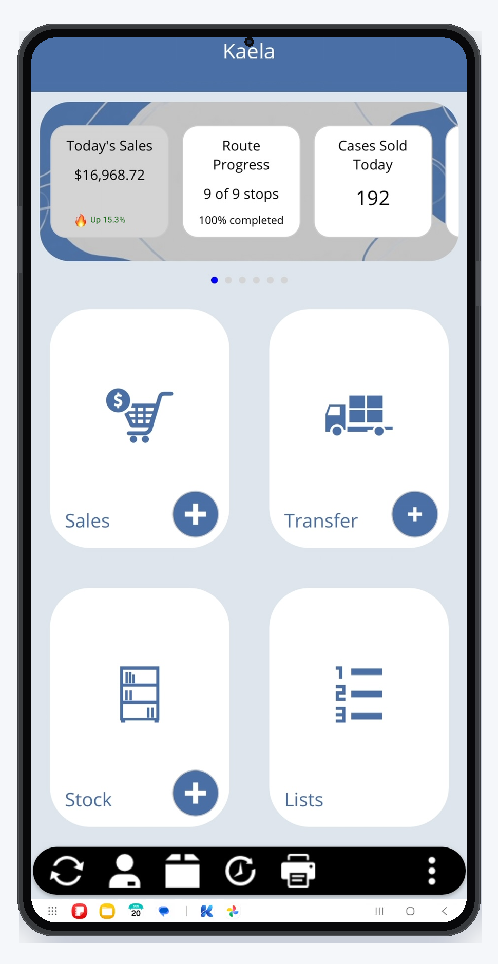 Kaela home screen showing Insights metric tiles and one-tap action tiles